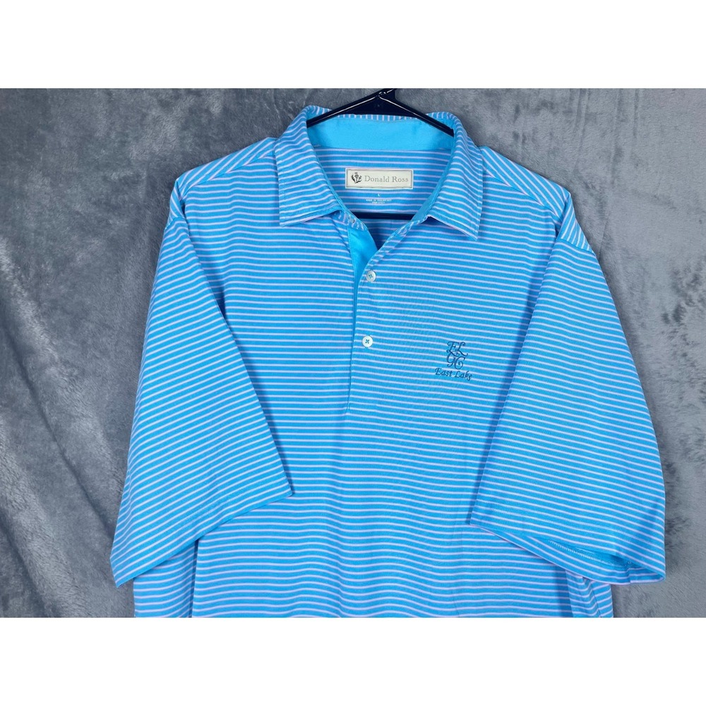East Lake Golf Atlanta Donald Ross Men's Polo Shirt Blue Pink Striped Size Large